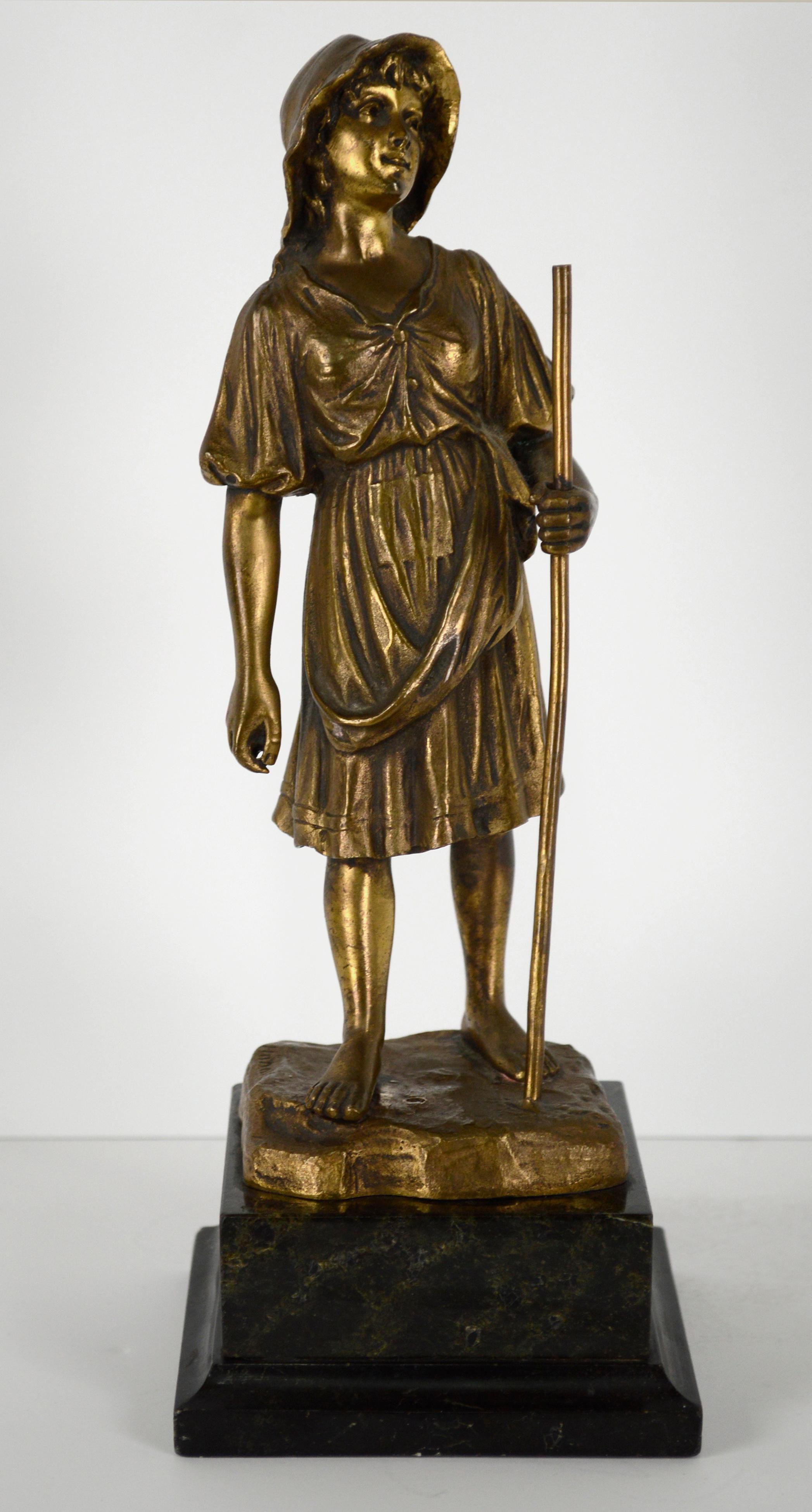 Early 20th Century Bronze Figure Sculpture, Shepherd Girl with Staff Statue