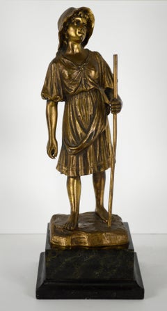 Early 20th Century Bronze Figure Sculpture, Shepherd Girl with Staff Statue