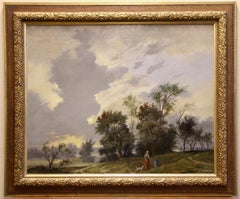 R. Holst, 1944, Oil Painting, Walk through the Forest, Mother with Child and Dog