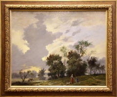 Peinture à l'huile de R. Holst, 1944, « Walk through the Forest », Mère avec enfant et chien