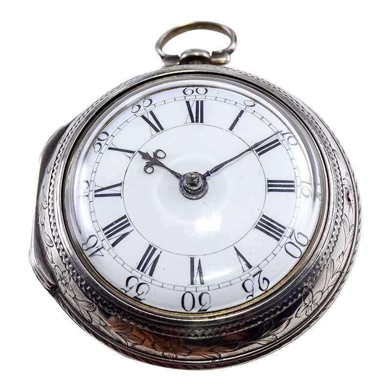 FACTORY / HOUSE: R. Howard / England
STYLE / REFERENCE: Pair Cased Verge Fuzee
METAL / MATERIAL: Sterling Silver
CIRCA / YEAR: 1800's
DIMENSIONS / SIZE: Diameter 50mm
MOVEMENT / CALIBER: Key Winding 
DIAL / HANDS: Enamel
ATTACHMENT / LENGTH: 