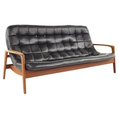 R Huber Mid Century Teak Scoop Tufted Sofa