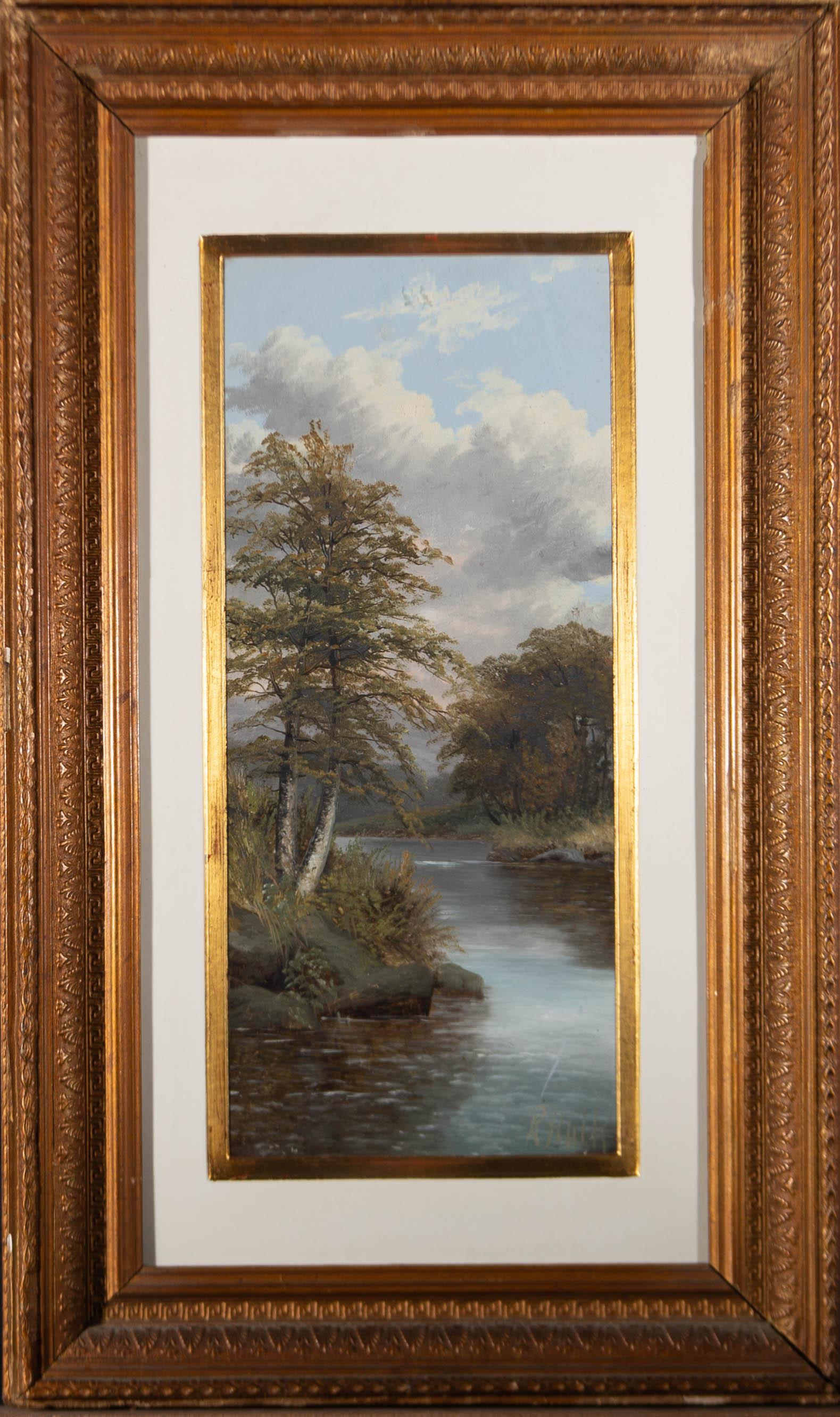 A charming river scene with trees by R. Hulk. Signed to the lower right-hand corner. Well-presented in a white and gold painted mount and in an ornate gilt effect frame, as shown. On board.