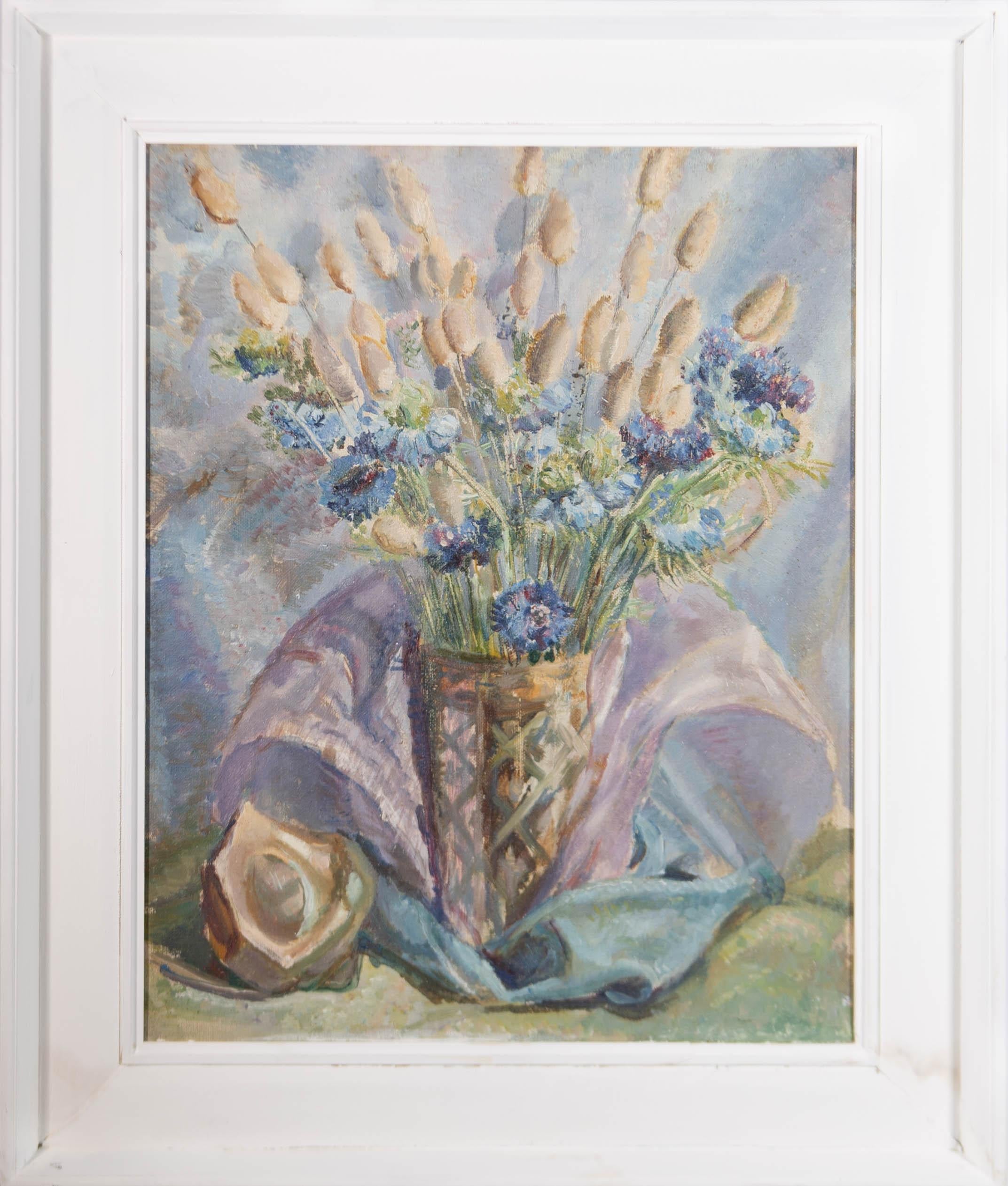 A charming depiction of a bouquet finished with almost pointillist details. Signed on the reverse. Well presented in a white wooden frame with a painted linen slip.

On canvas on stretchers.