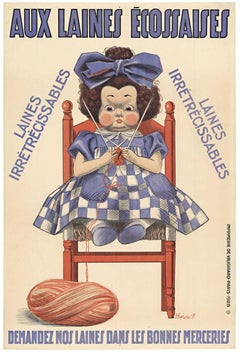 Affiche vintage française ancienne Aux Laines Ecossaises  fil