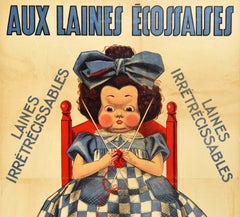 Original Vintage Poster Advertising Shrink Resistant Scottish Wool Knitting Doll
