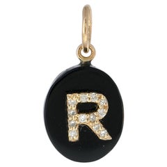 R Initial-Charm-Anhänger aus massivem 14-karätigem Gelbgold mit natürlichem Diamanten und Onyx – Geschenk-Anhänger