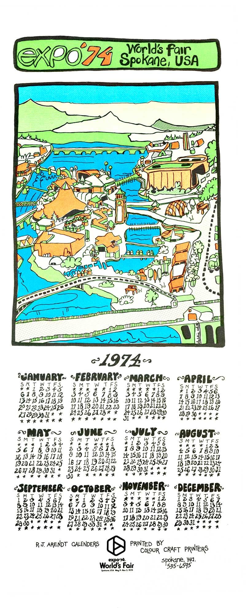 R. J. Arendt Landscape Print – Original EXPO '74 Weltausstellung, Spokane USA Vintage Kalender
