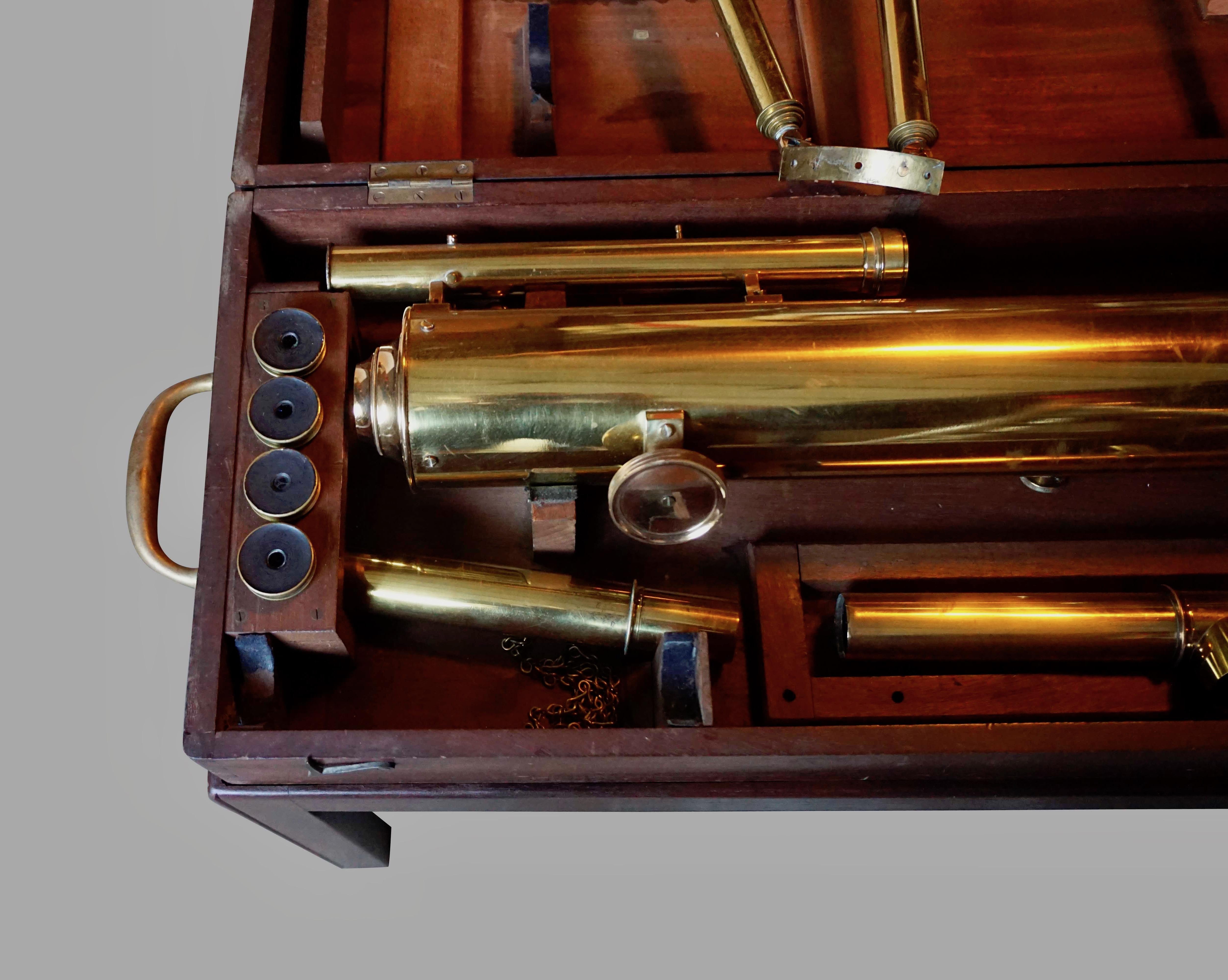 Victorian R & J Beck Brass Refracting Telescope with Tripod and Original Carrying Box