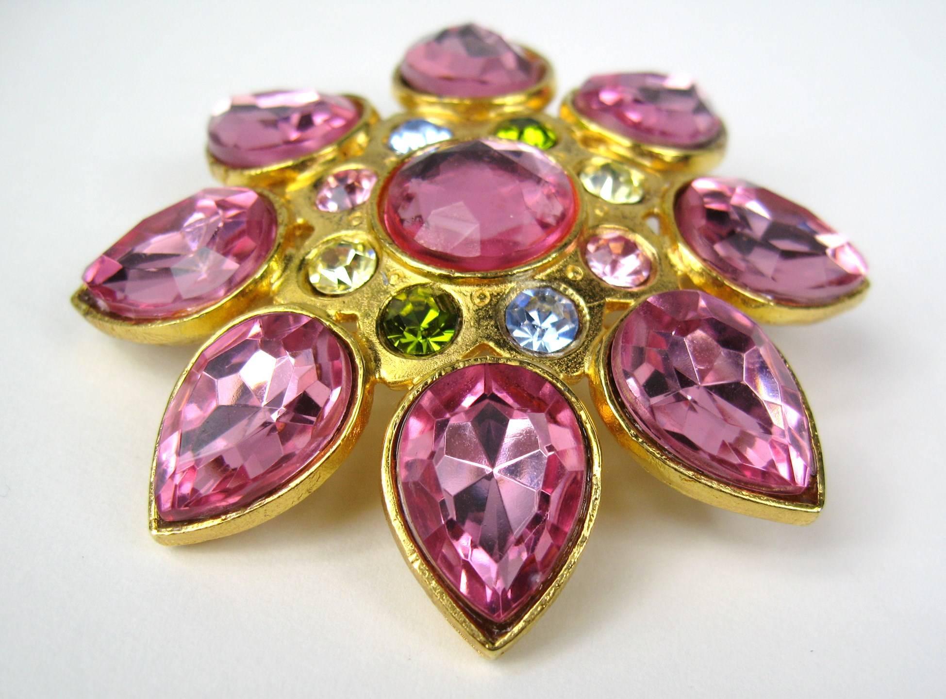 Vintage 1980's R.J. GRAZIANO Gold Tone Massive Pink/ Green Blue Floral Brooch Measures 2.75 inches. This is out of a massive collection of Costume Jewelry, Hopi, Zuni, Navajo, Southwestern and sterling silver jewelry from one collector that was
