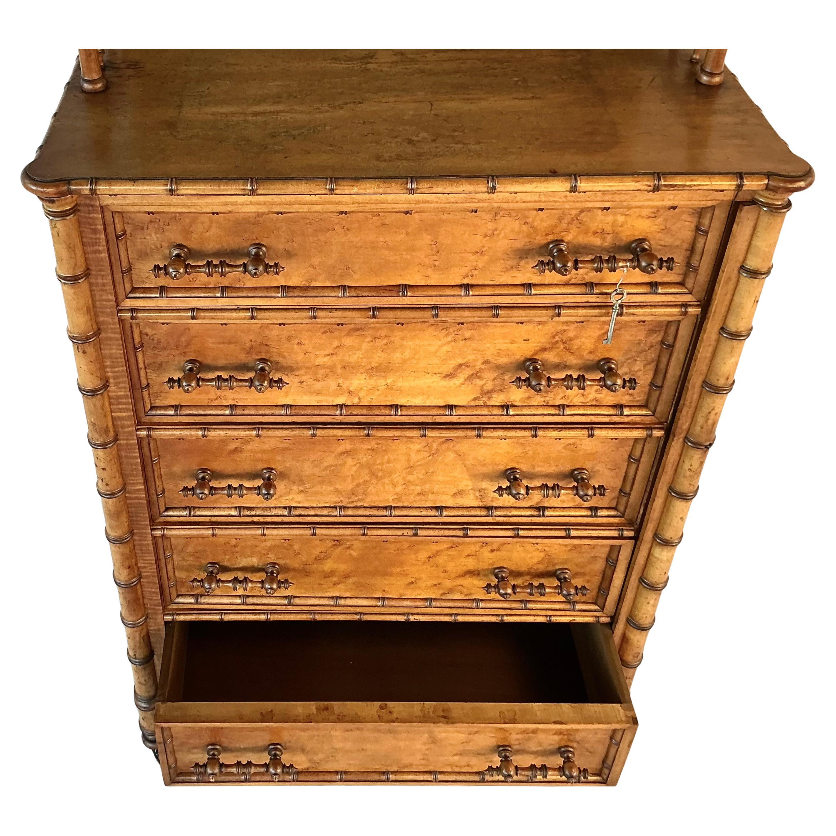 R J Horner Bird's Eye Maple and Faux Bamboo Chiffonier In Good Condition For Sale In Bradenton, FL