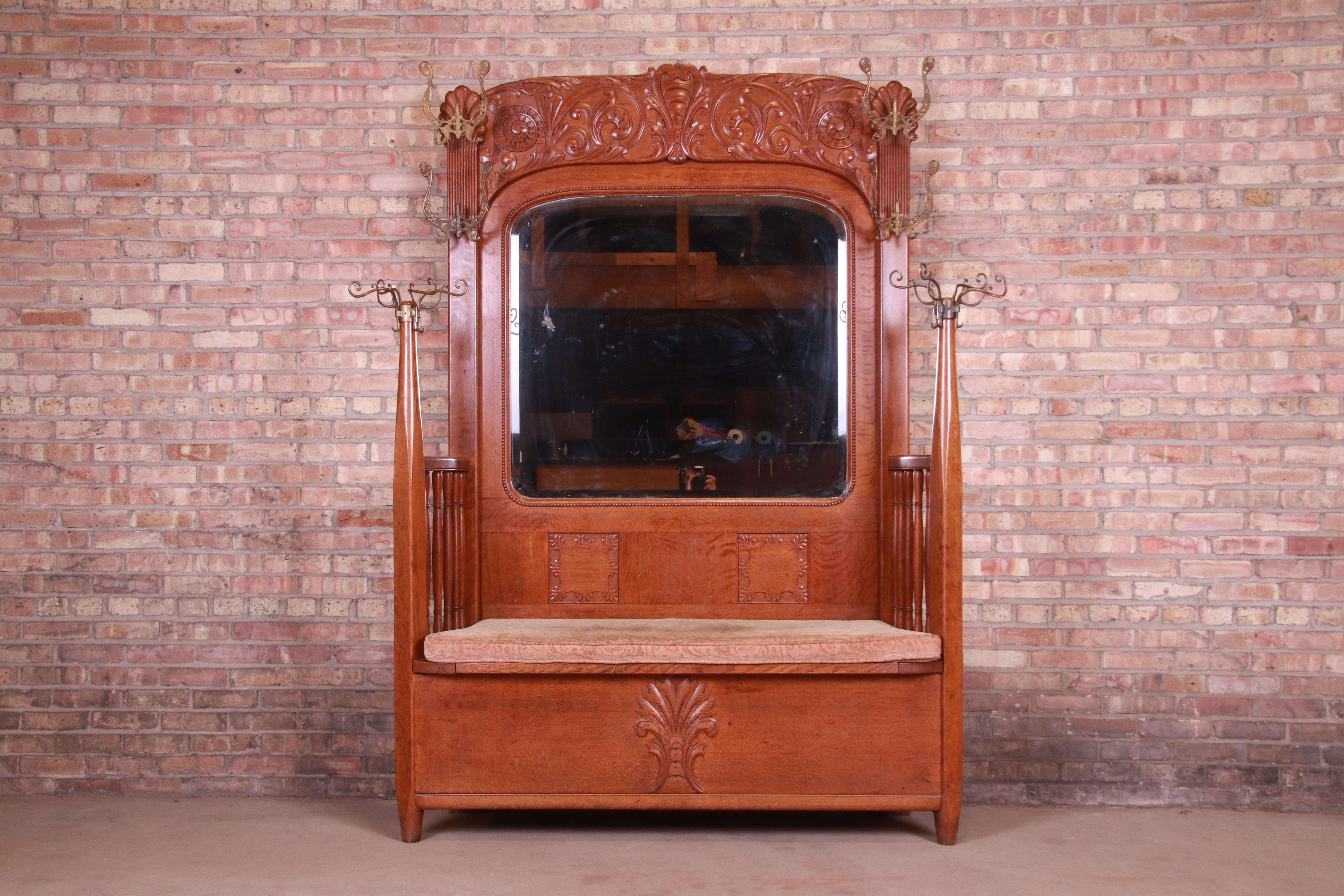 American R. J. Horner Carved Solid Oak Hall Bench with Mirror, circa 1890