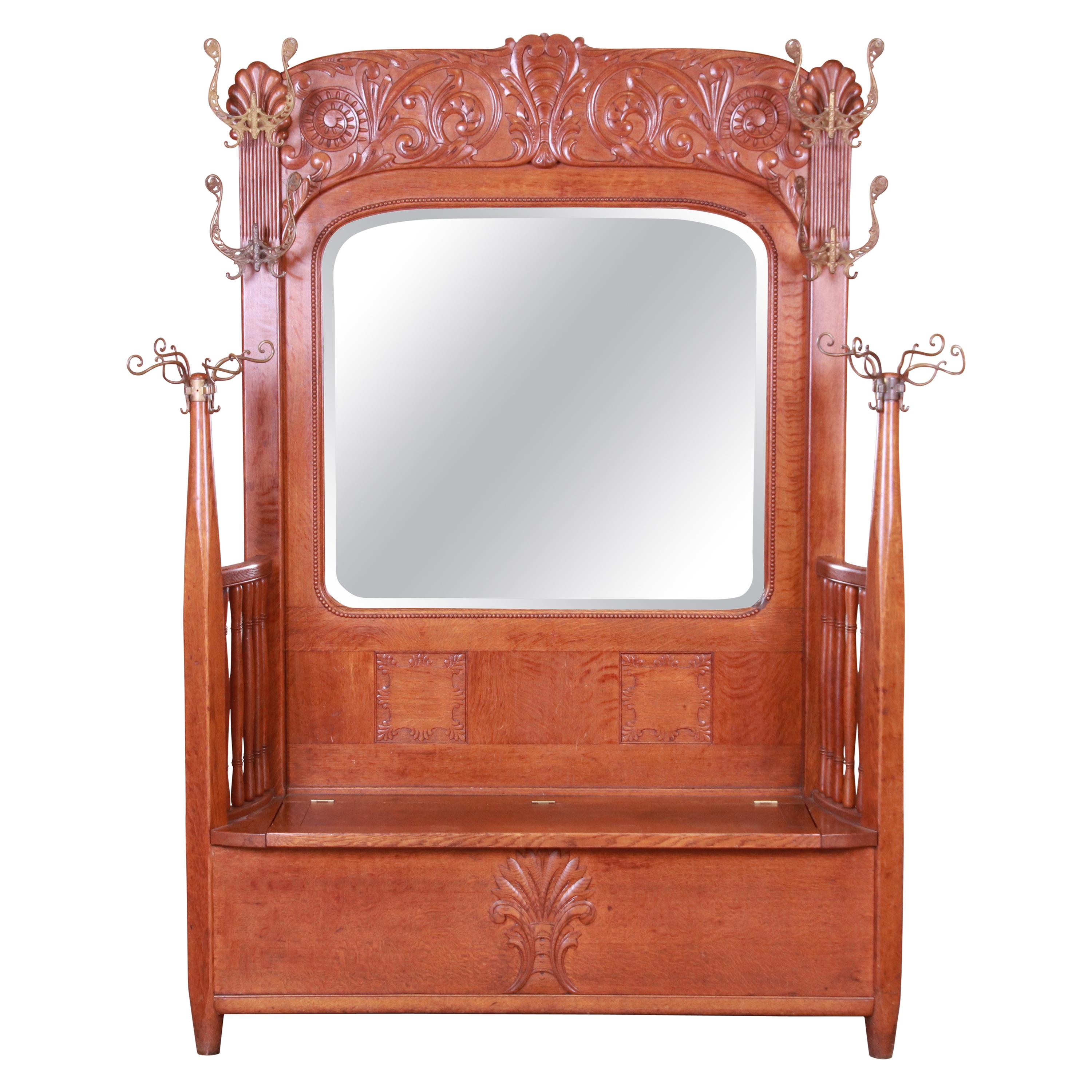 R. J. Horner Carved Solid Oak Hall Bench with Mirror, circa 1890