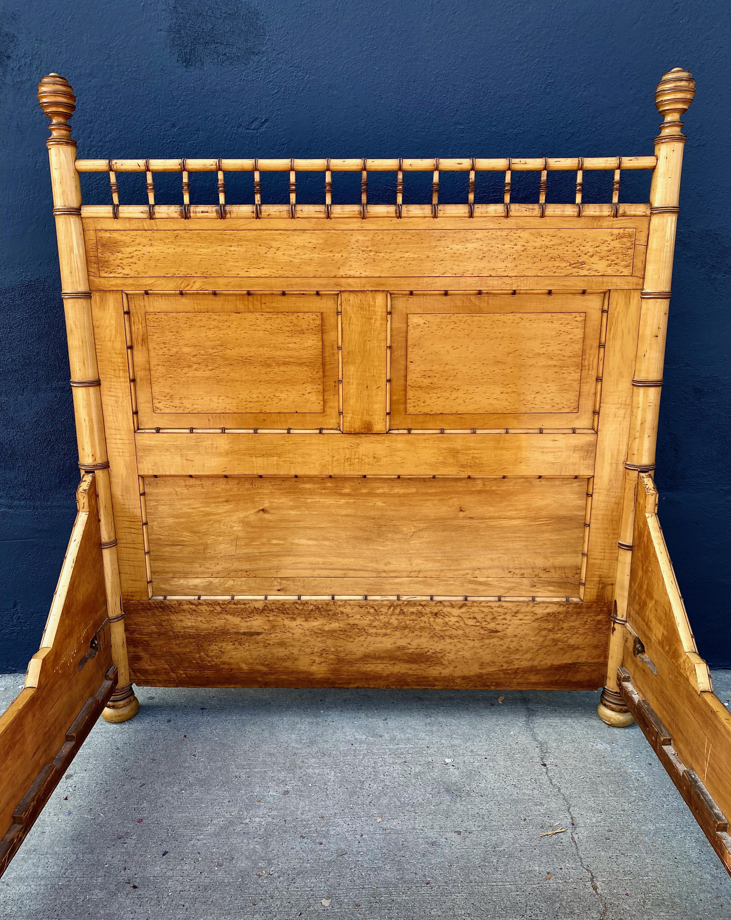 This is a very good example of an R.J. Horner & Co. Aesthetic Movement Faux Bamboo bed. The bed is beautifully designed utilizing various type of maple--birds-eye maple, curly maple, tiger maple and plain maple. These finely grained maples are very