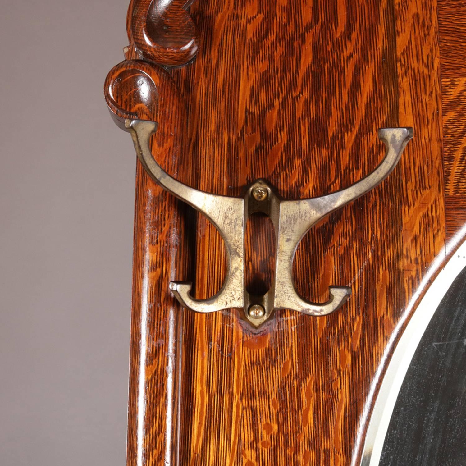 R. J. Horner School Carved Oak Mirrored Chair Form Bench Hall Tree, circa 1910 2