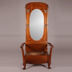 R. J. Horner School Carved Oak Mirrored Chair Form Bench Hall Tree, circa 1910