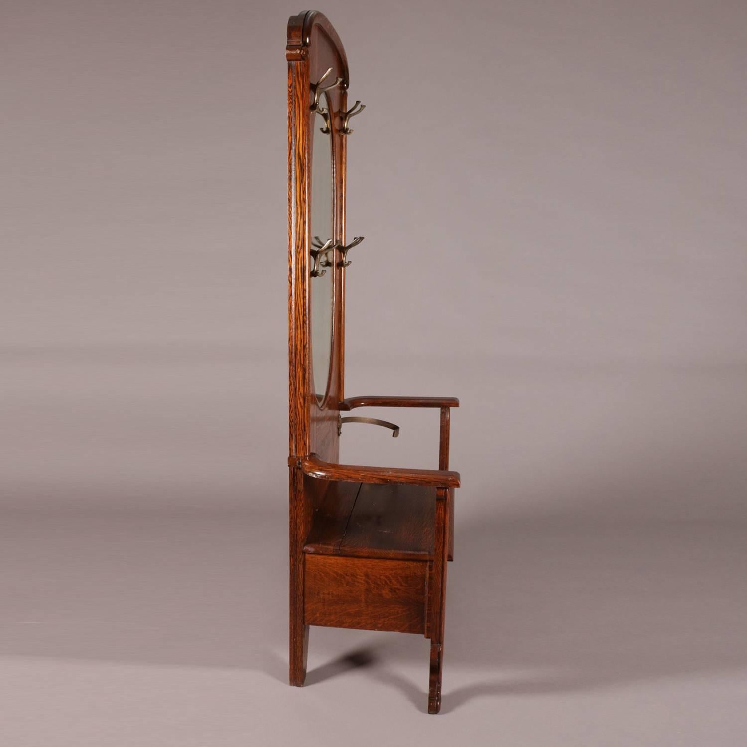 Beveled R. J. Horner School Carved Oak Mirrored Chair Form Bench Hall Tree, circa 1910