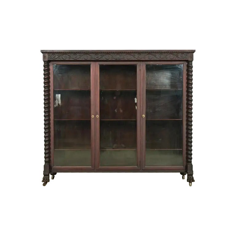 R. J. Horner Style American Empire Carved Mahogany Triple Bookcase, Circa 1890s
