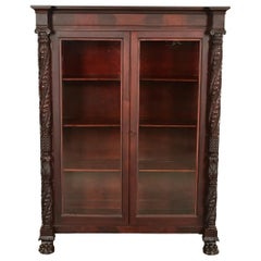 R. J. Horner Style Antique American Empire Flame Mahogany Glass Front Bookcase