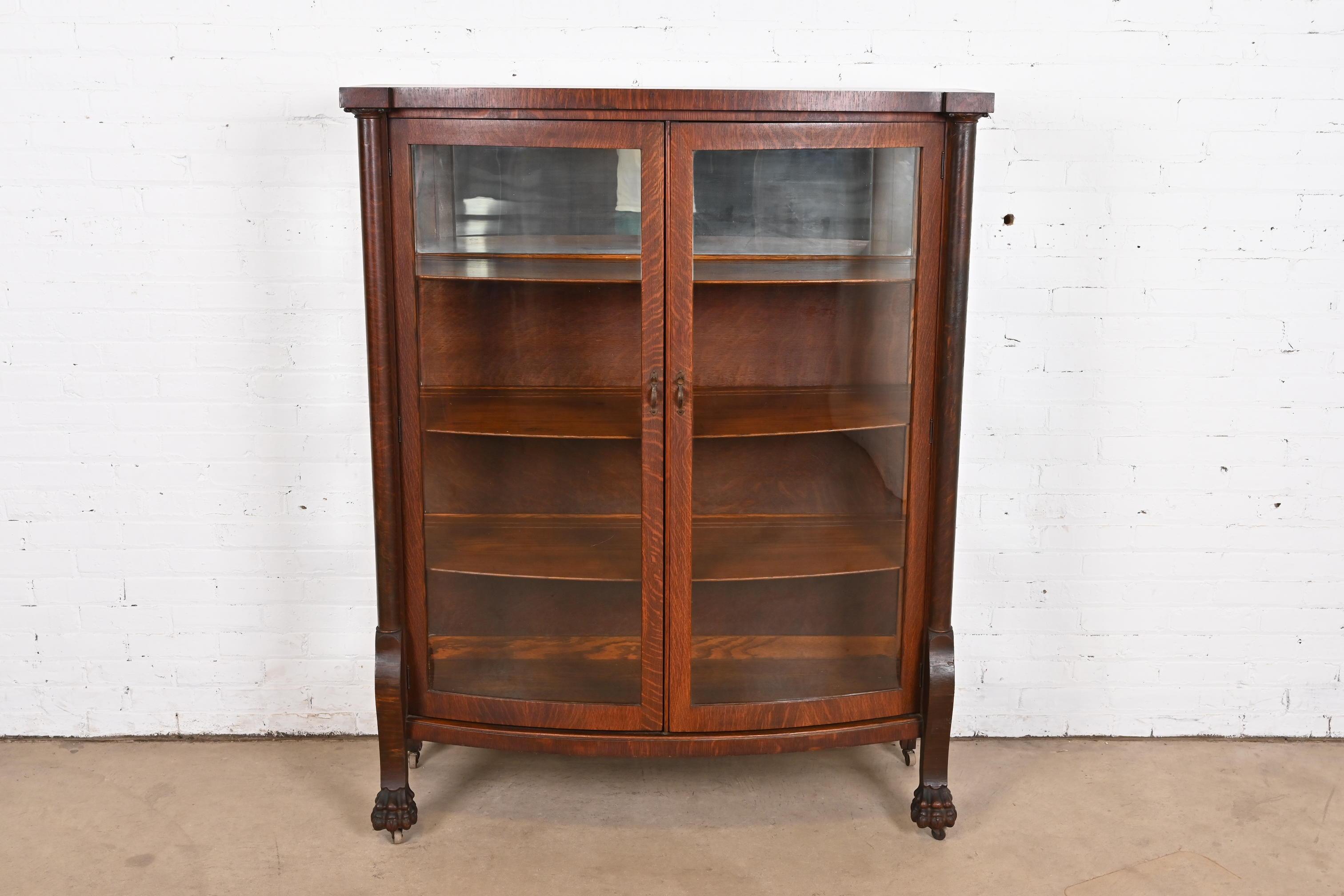 Victorian R. J. Horner Style Antique American Empire Oak Bow Front Bookcase Cabinet