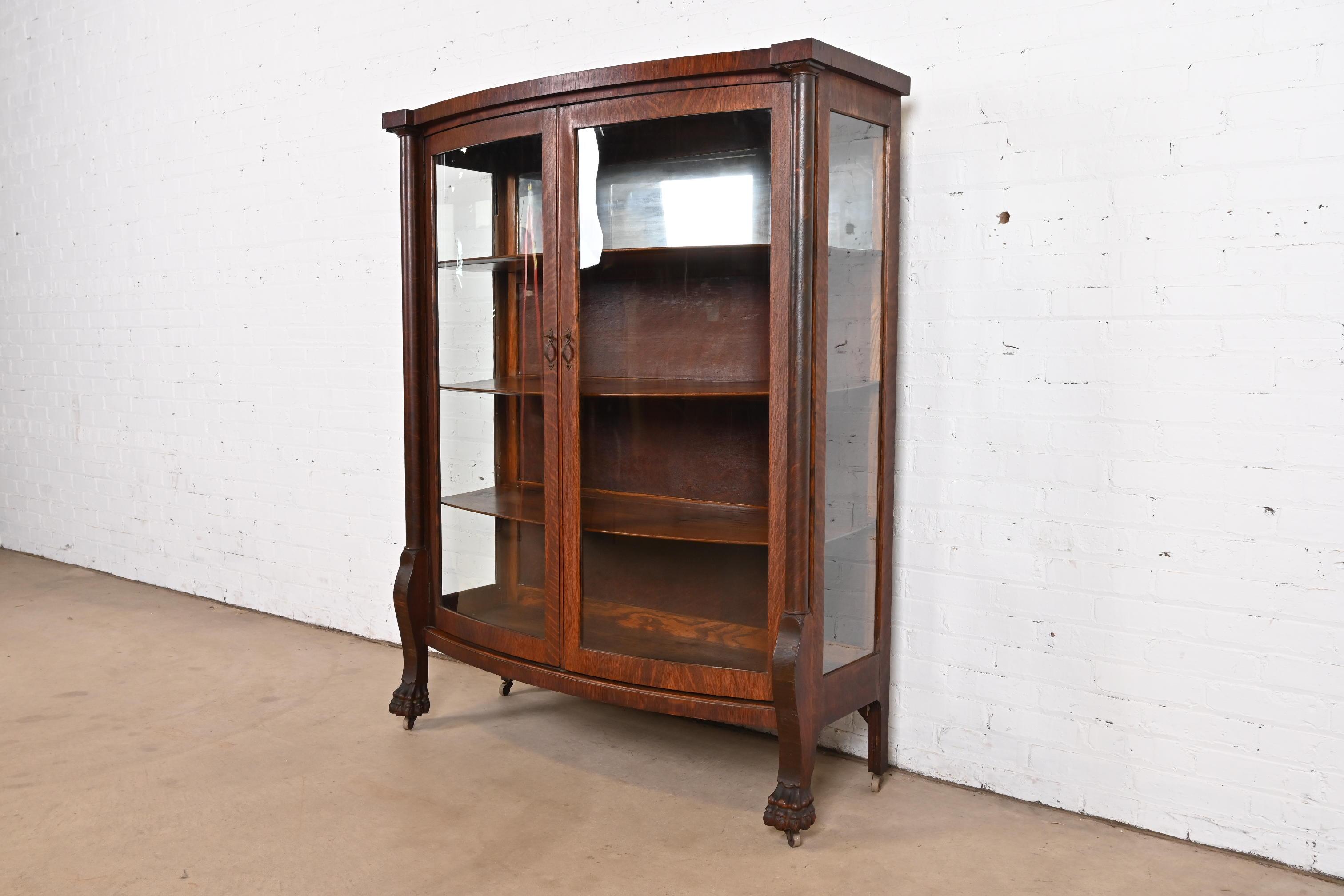 R. J. Horner Style Antique American Empire Oak Bow Front Bookcase Cabinet In Good Condition In South Bend, IN