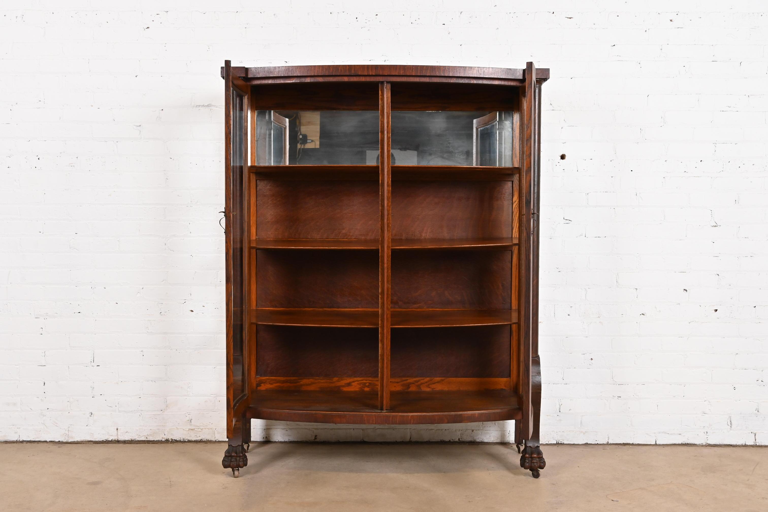 R. J. Horner Style Antique American Empire Oak Bow Front Bookcase Cabinet 1