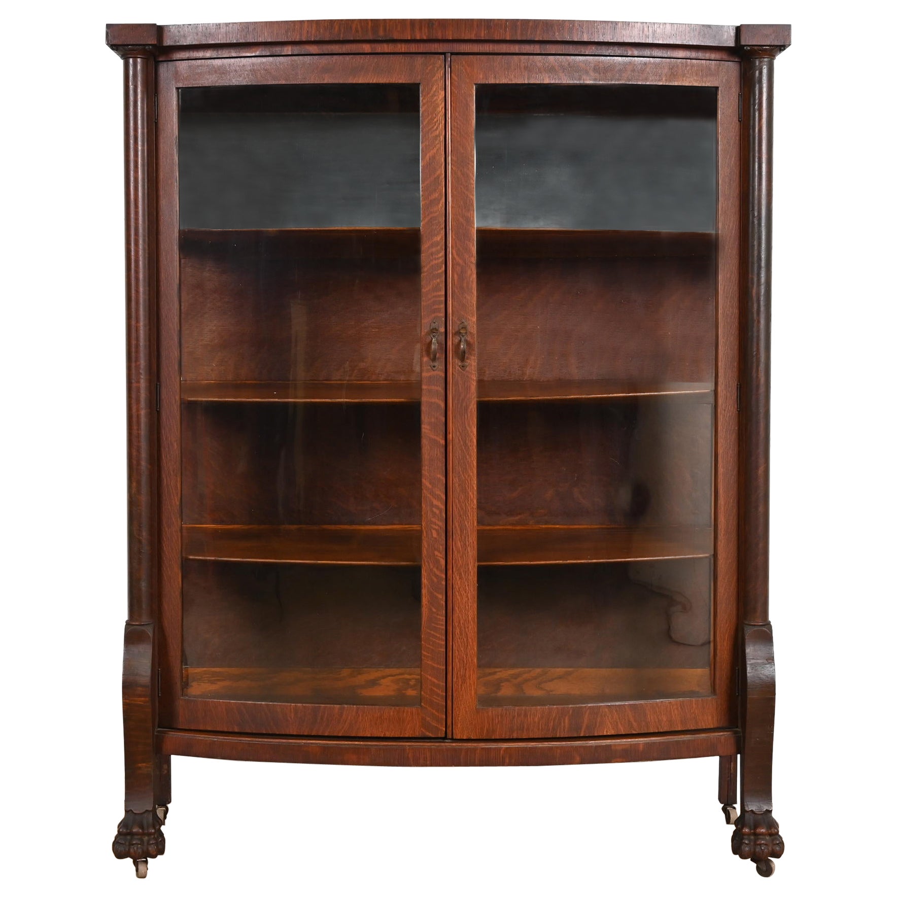 R. J. Horner Style Antique American Empire Oak Bow Front Bookcase Cabinet