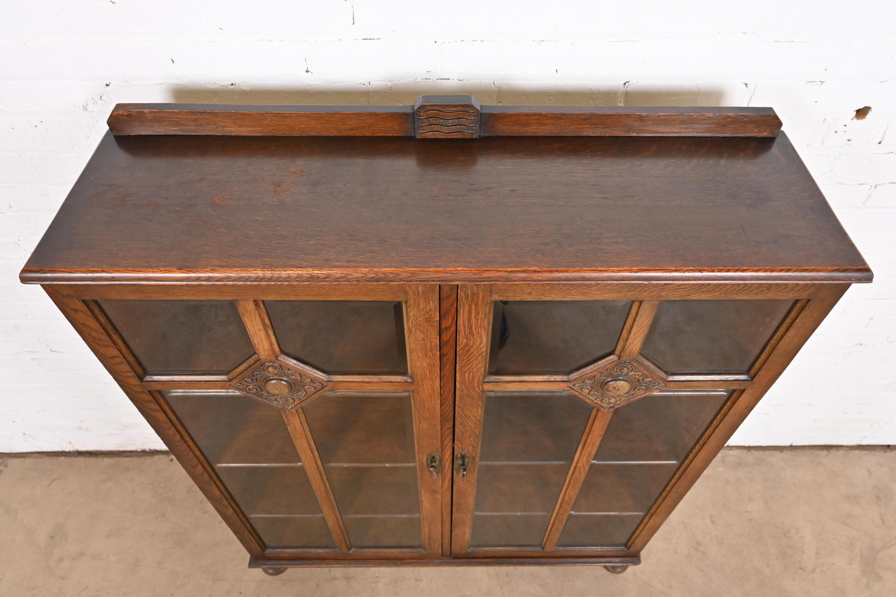 R. J. Horner Style Antique English Tudor Carved Oak Glass Front Double Bookcase 3