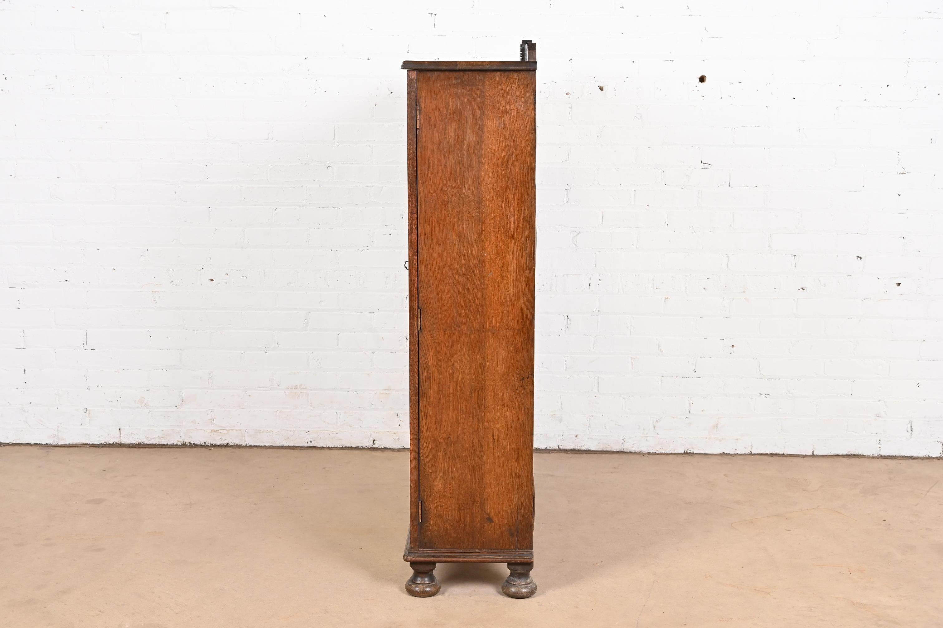 R. J. Horner Style Antique English Tudor Carved Oak Glass Front Double Bookcase 4