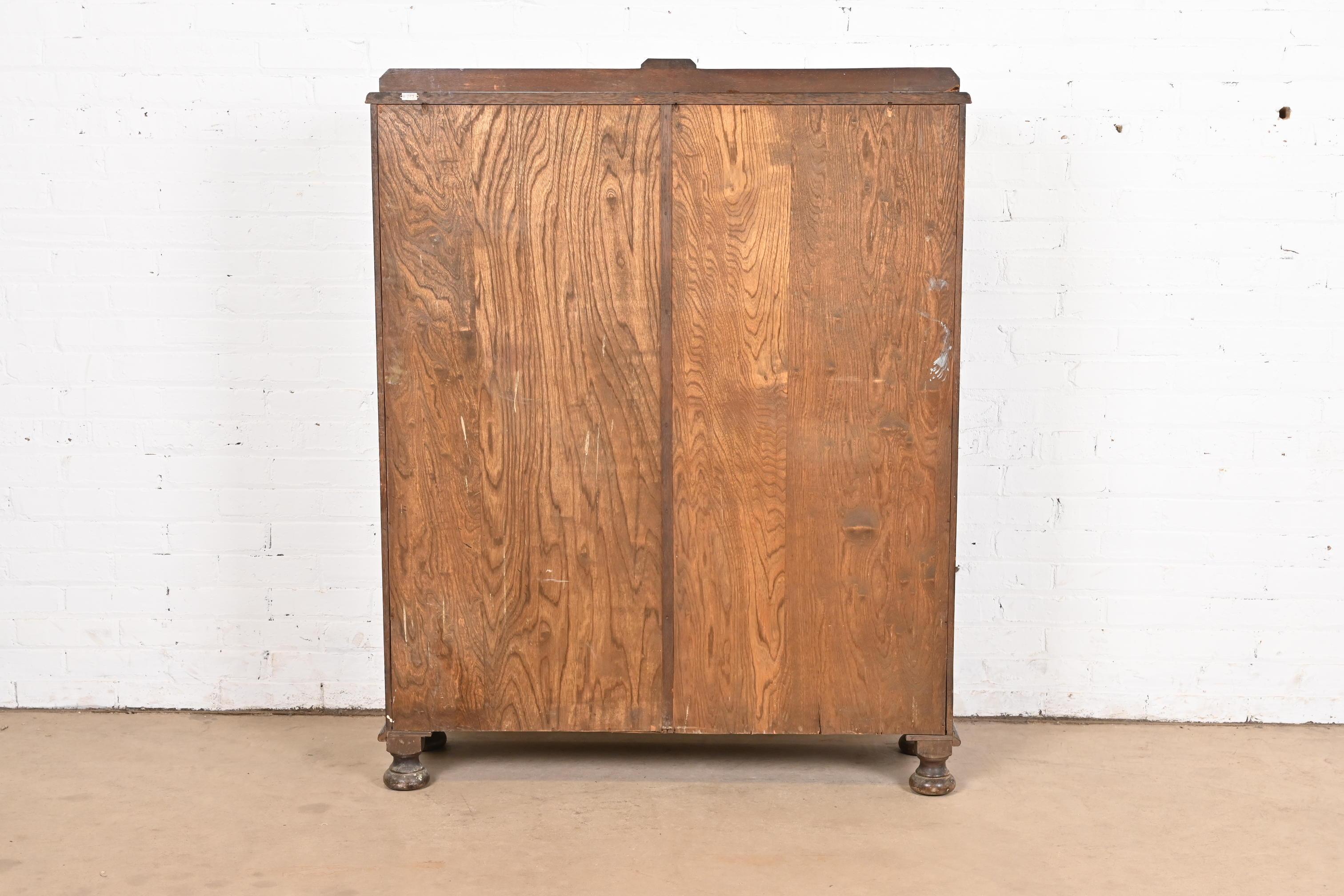R. J. Horner Style Antique English Tudor Carved Oak Glass Front Double Bookcase 5
