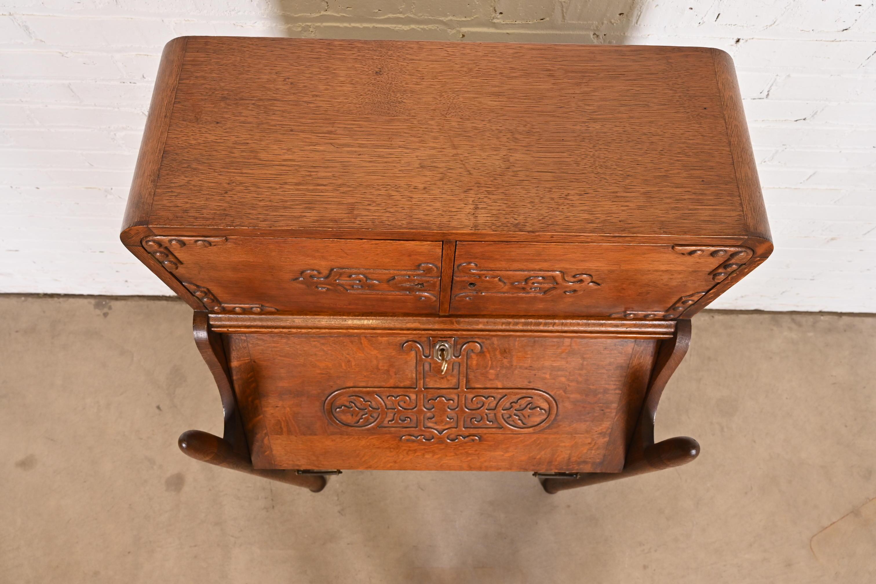 R. J. Horner Style Antique Victorian Carved Oak Slant Front Secretary Desk For Sale 4