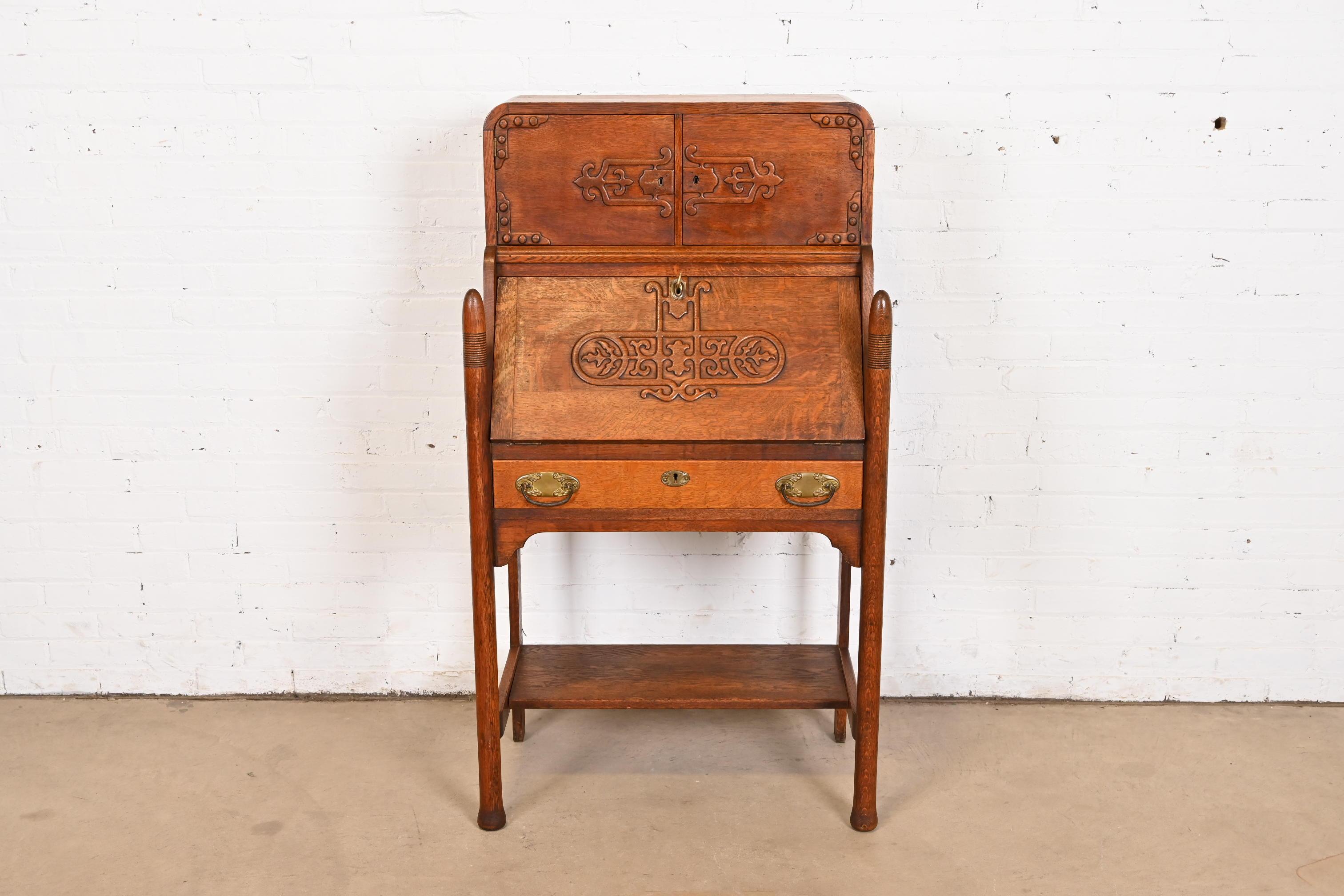 American R. J. Horner Style Antique Victorian Carved Oak Slant Front Secretary Desk For Sale