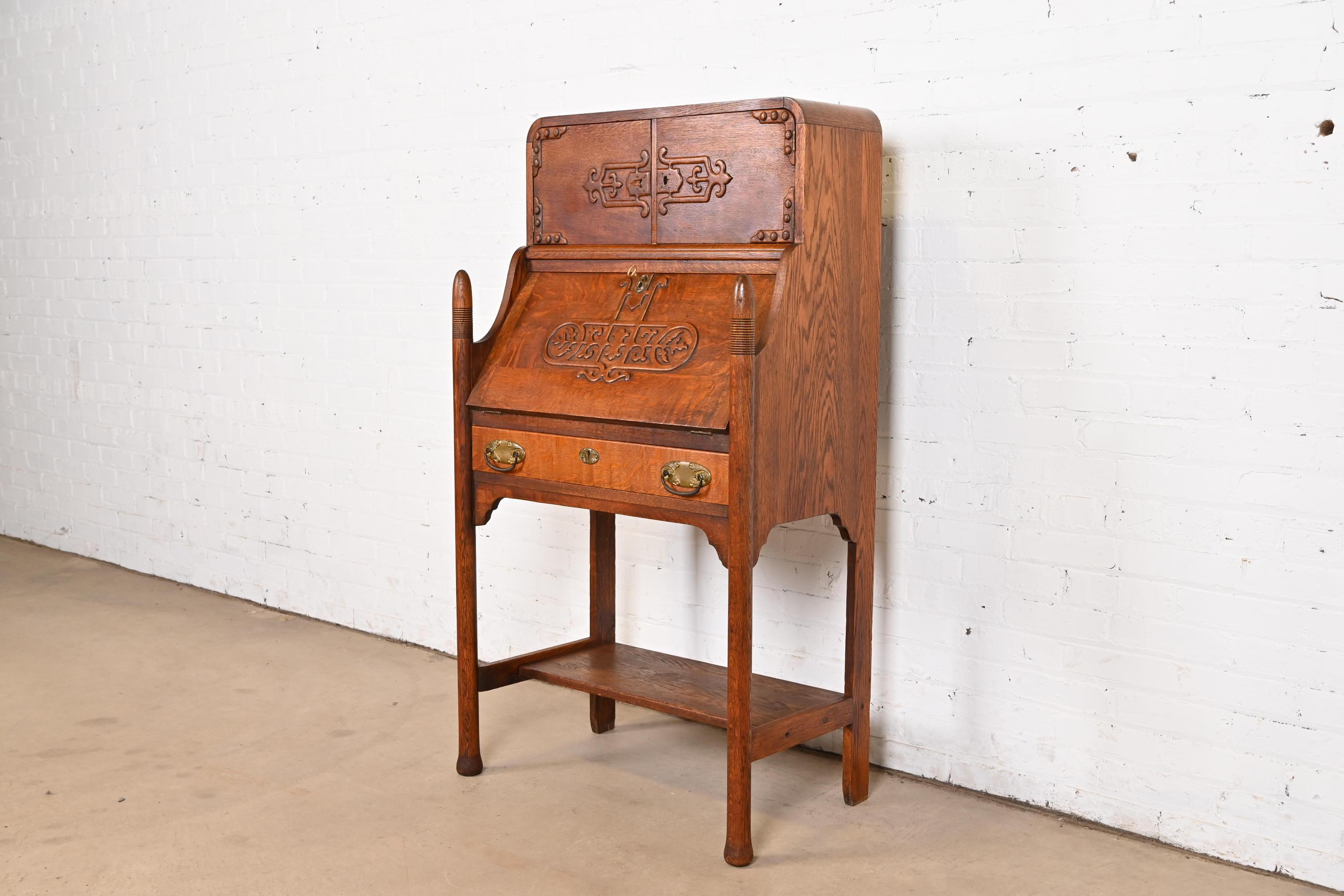 R. J. Horner Style Antique Victorian Carved Oak Slant Front Secretary Desk In Good Condition For Sale In South Bend, IN