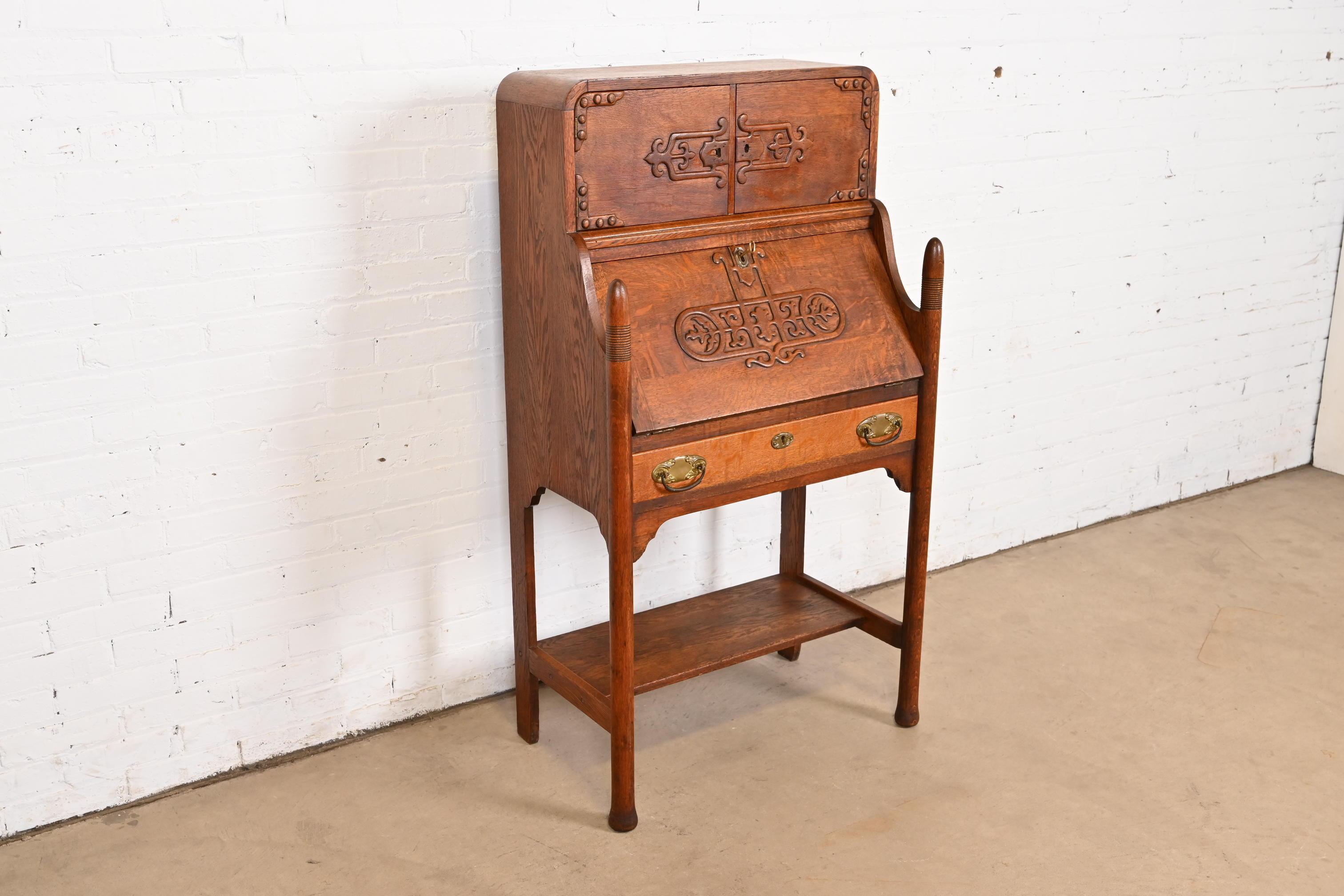 19th Century R. J. Horner Style Antique Victorian Carved Oak Slant Front Secretary Desk For Sale