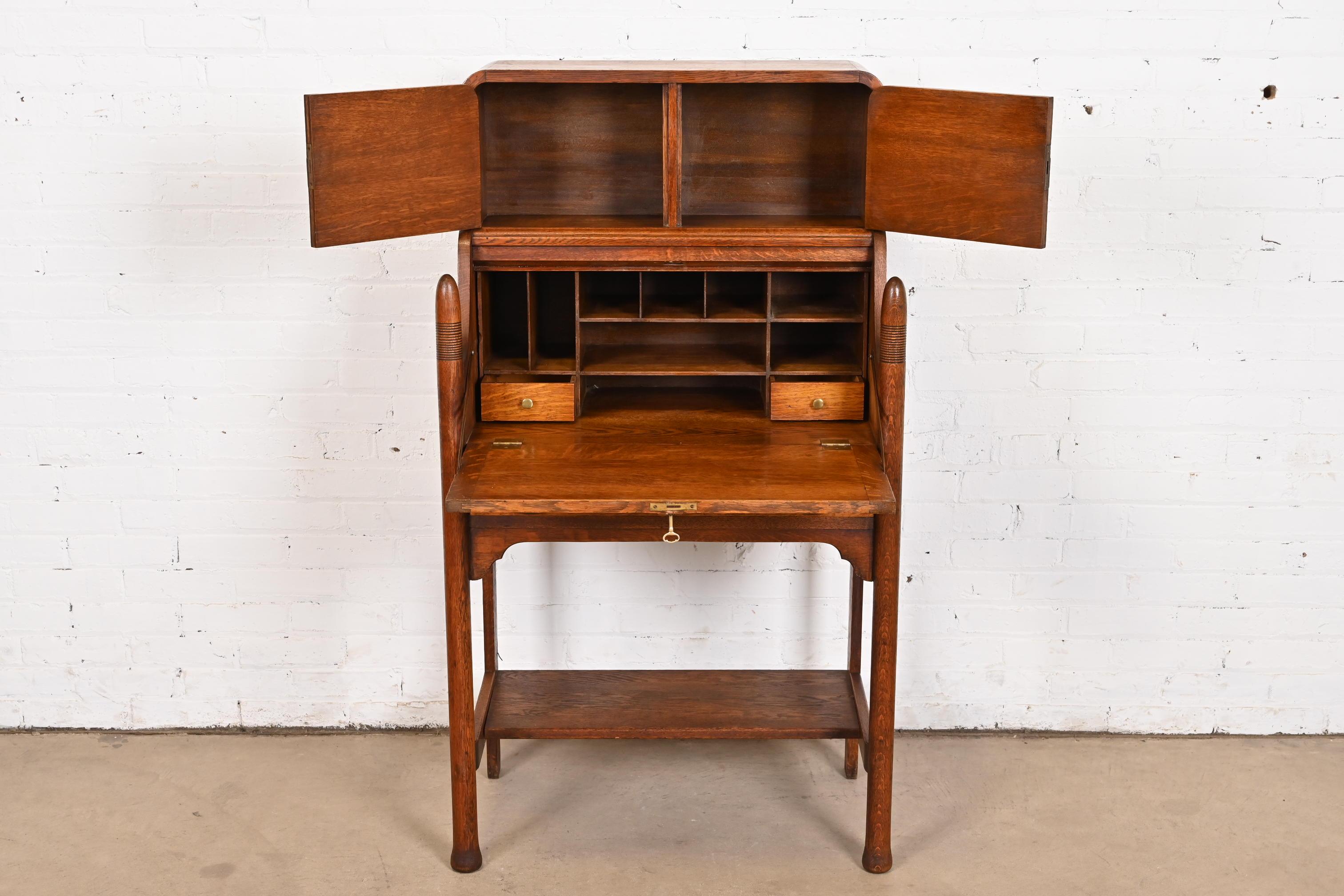 Brass R. J. Horner Style Antique Victorian Carved Oak Slant Front Secretary Desk For Sale
