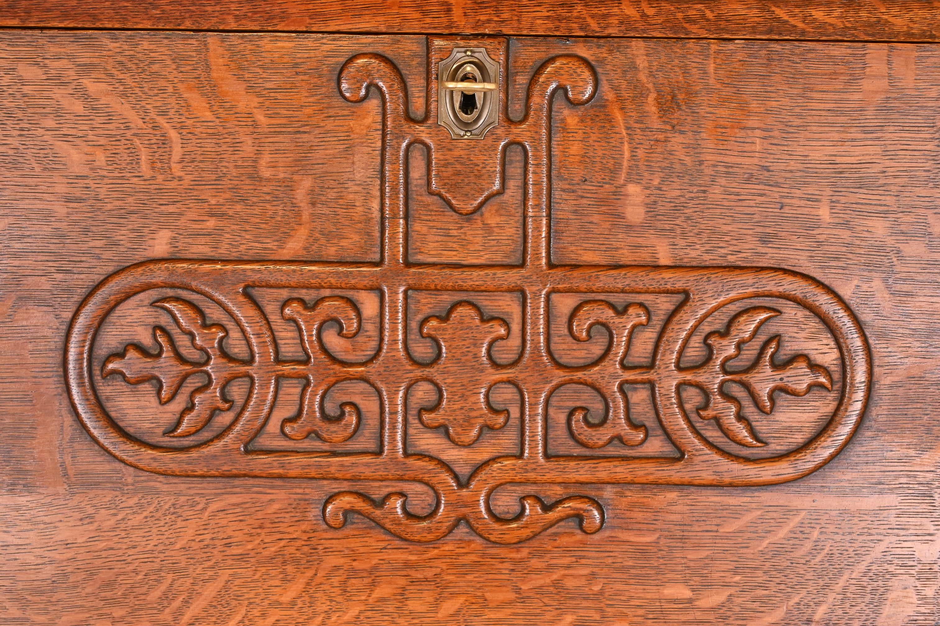 R. J. Horner Style Antique Victorian Carved Oak Slant Front Secretary Desk For Sale 3