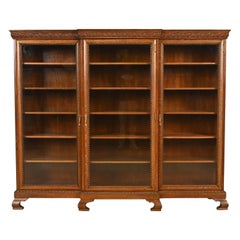 R. J. Horner Style Antique Victorian Carved Oak Triple Bookcase Cabinet