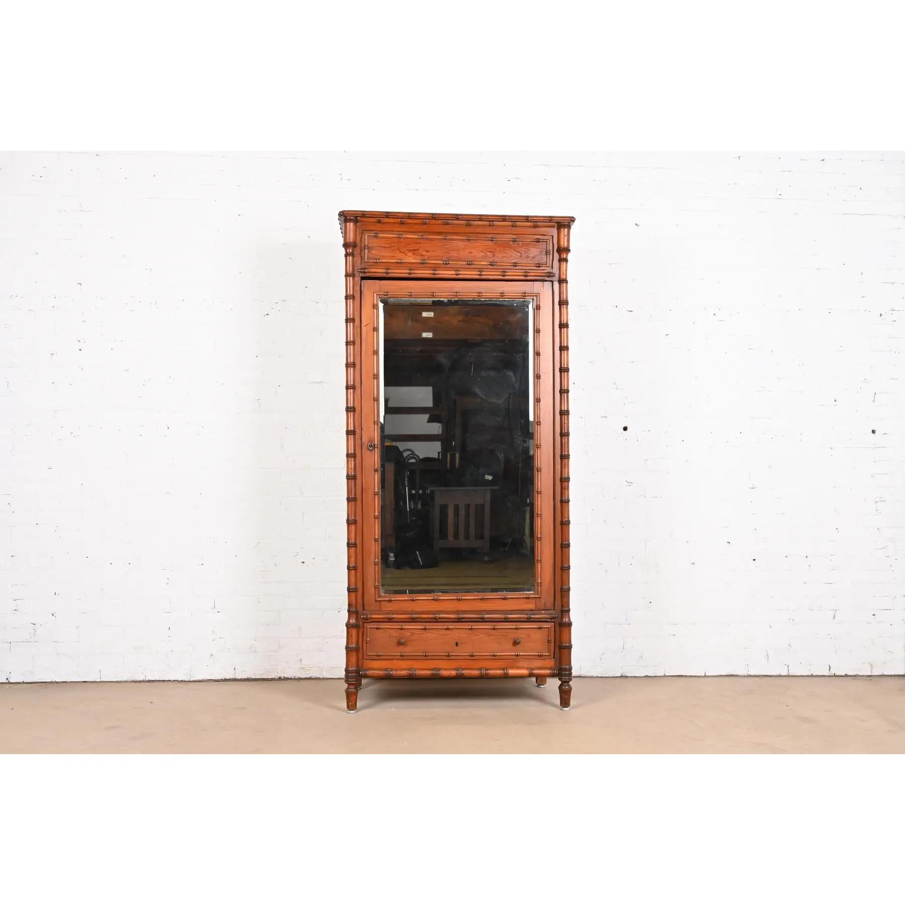 American R. J. Horner Style Antique Victorian Faux Bamboo Pine Mirrored Armoire Dresser