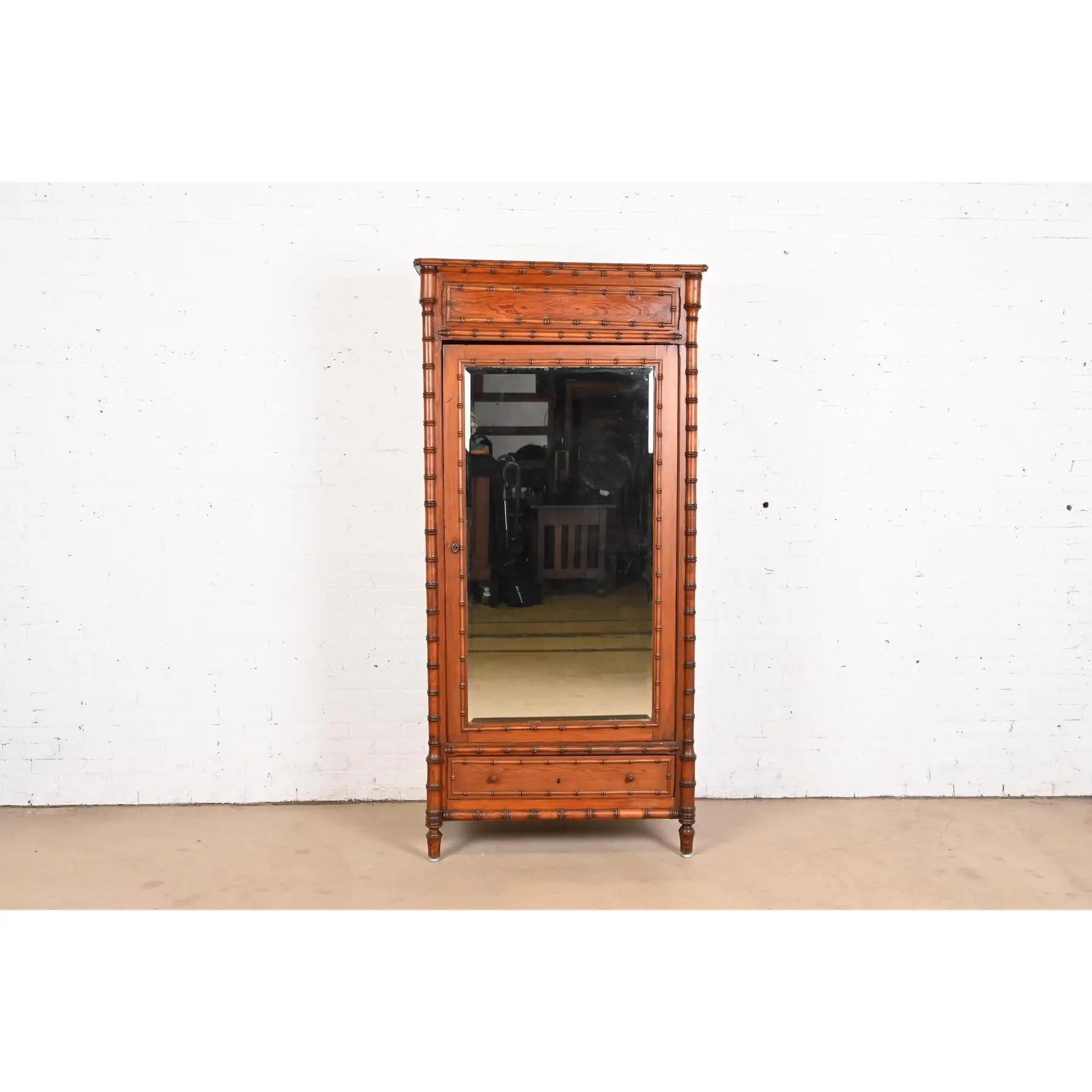 R. J. Horner Style Antique Victorian Faux Bamboo Pine Mirrored Armoire Dresser In Good Condition In South Bend, IN