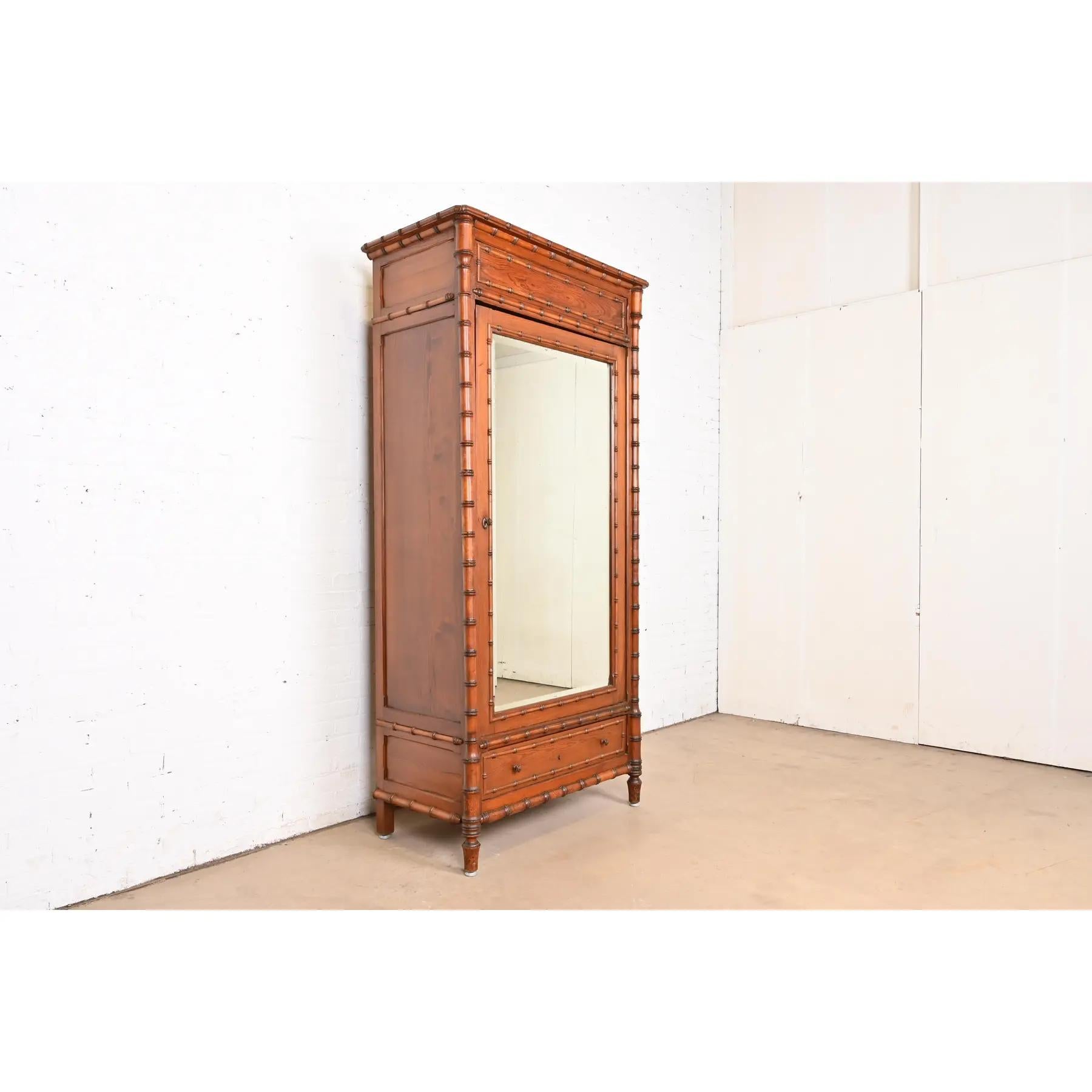 Late 19th Century R. J. Horner Style Antique Victorian Faux Bamboo Pine Mirrored Armoire Dresser