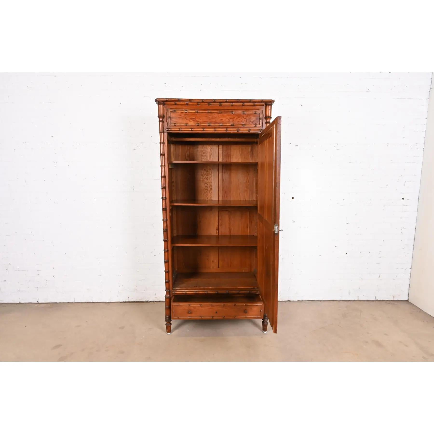 Brass R. J. Horner Style Antique Victorian Faux Bamboo Pine Mirrored Armoire Dresser