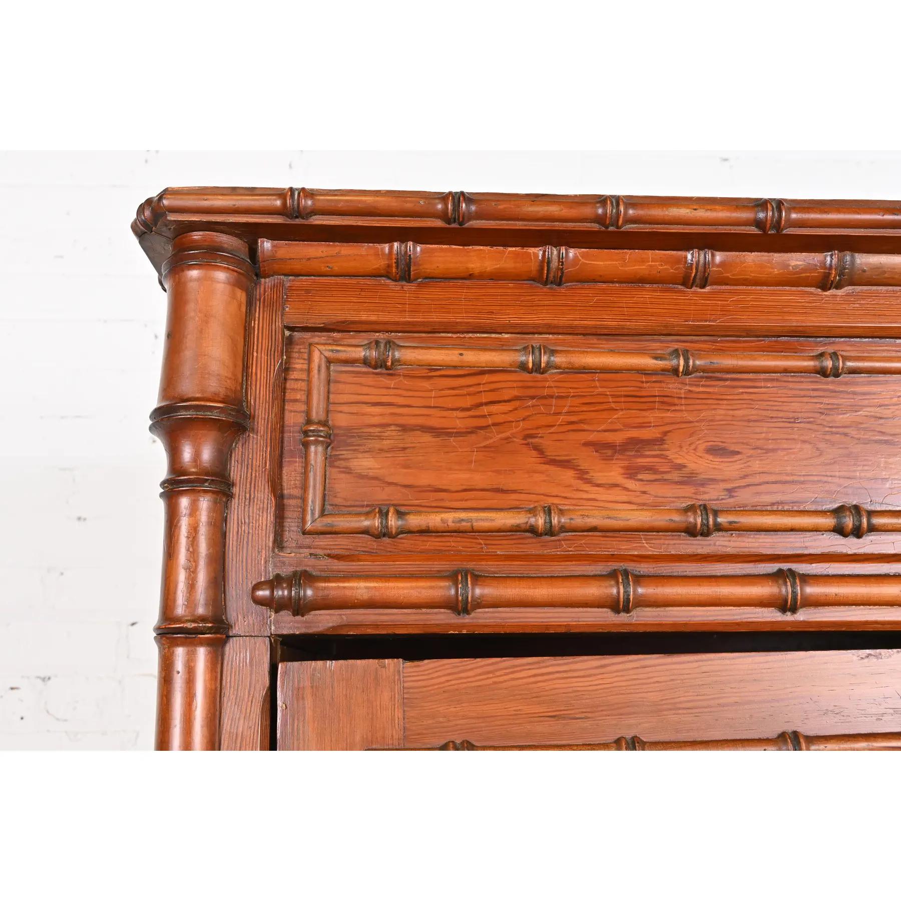 R. J. Horner Style Antique Victorian Faux Bamboo Pine Mirrored Armoire Dresser 2