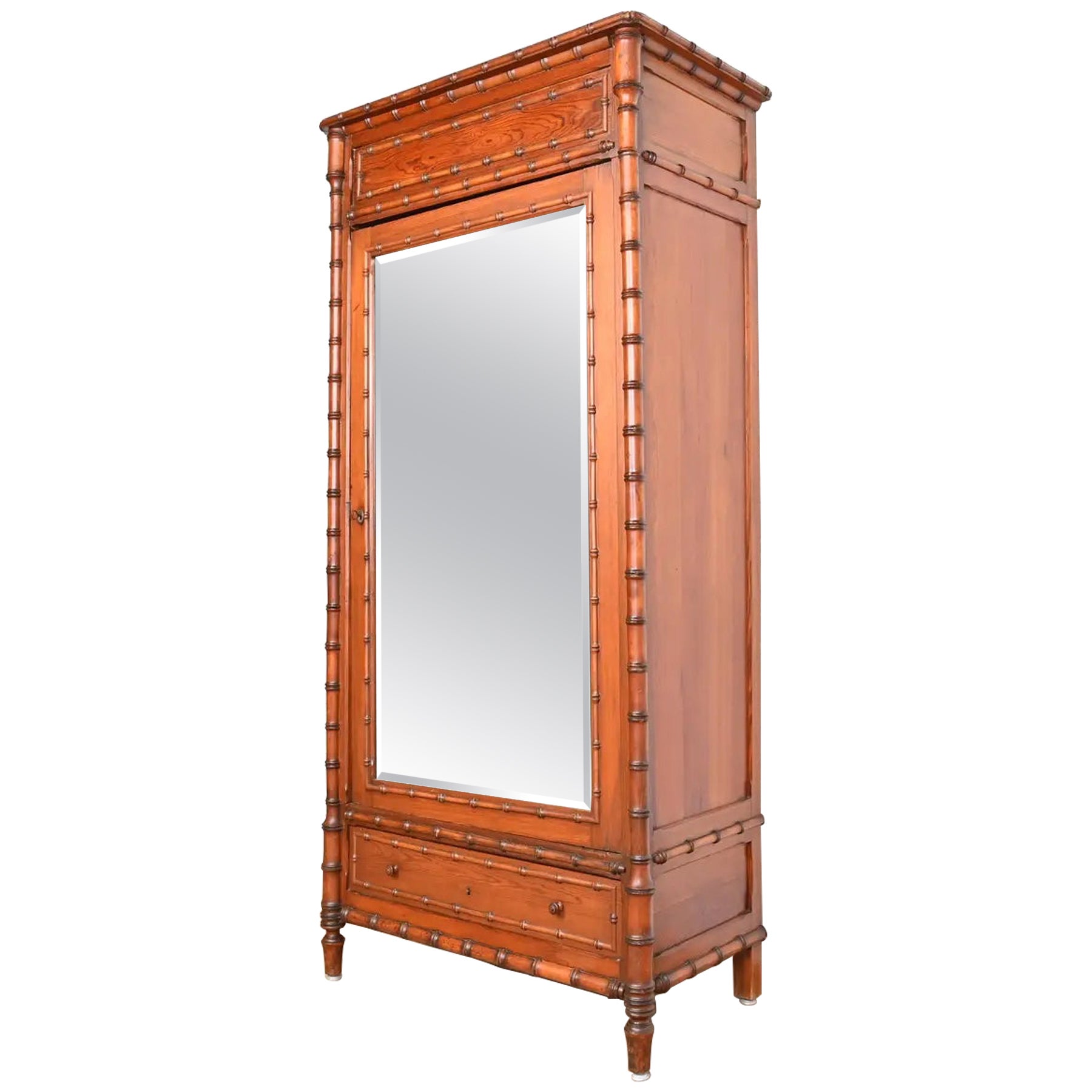 R. J. Horner Style Antique Victorian Faux Bamboo Pine Mirrored Armoire Dresser