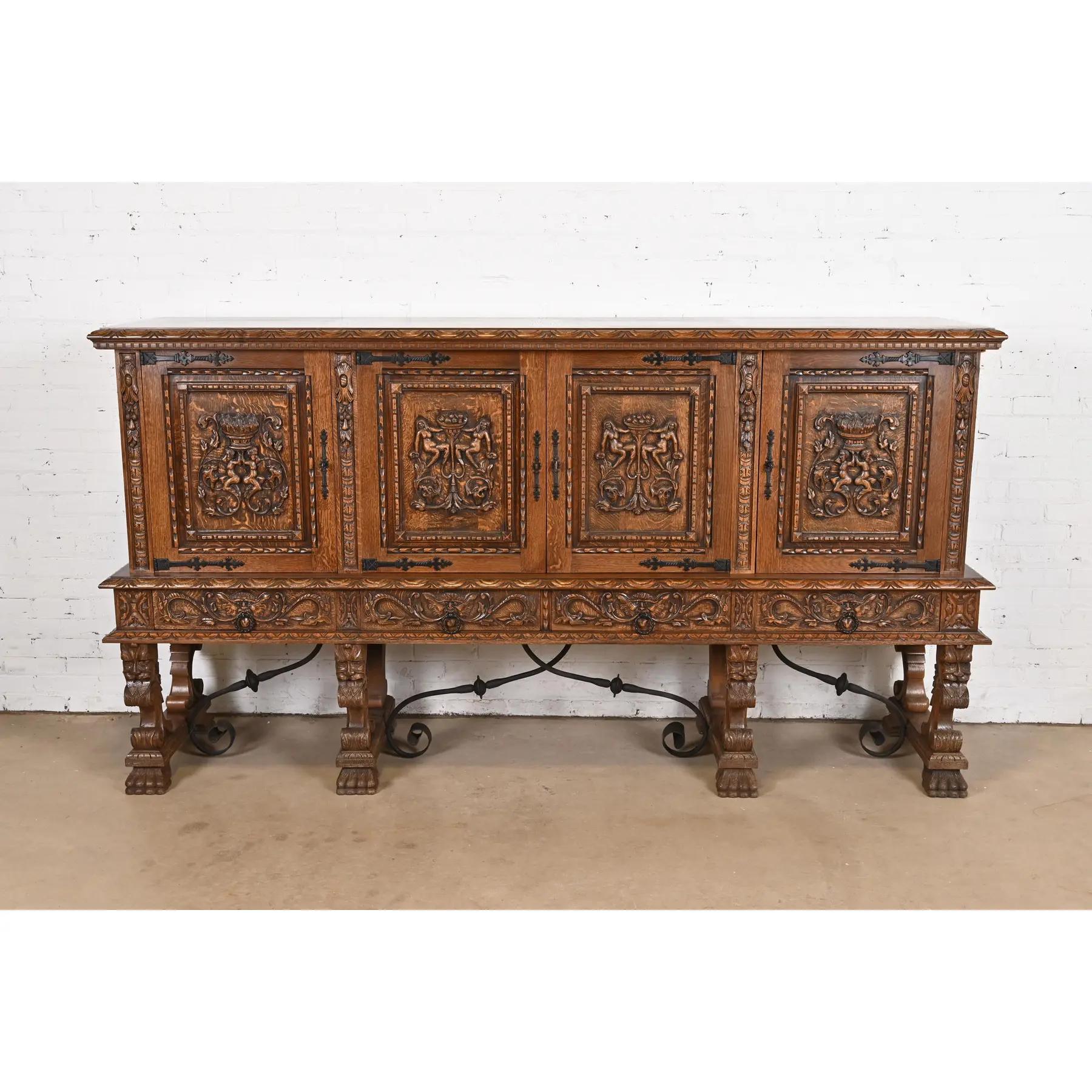 Victorian R. J. Horner Style Renaissance Revival Monumental Ornate Carved Oak Sideboard For Sale