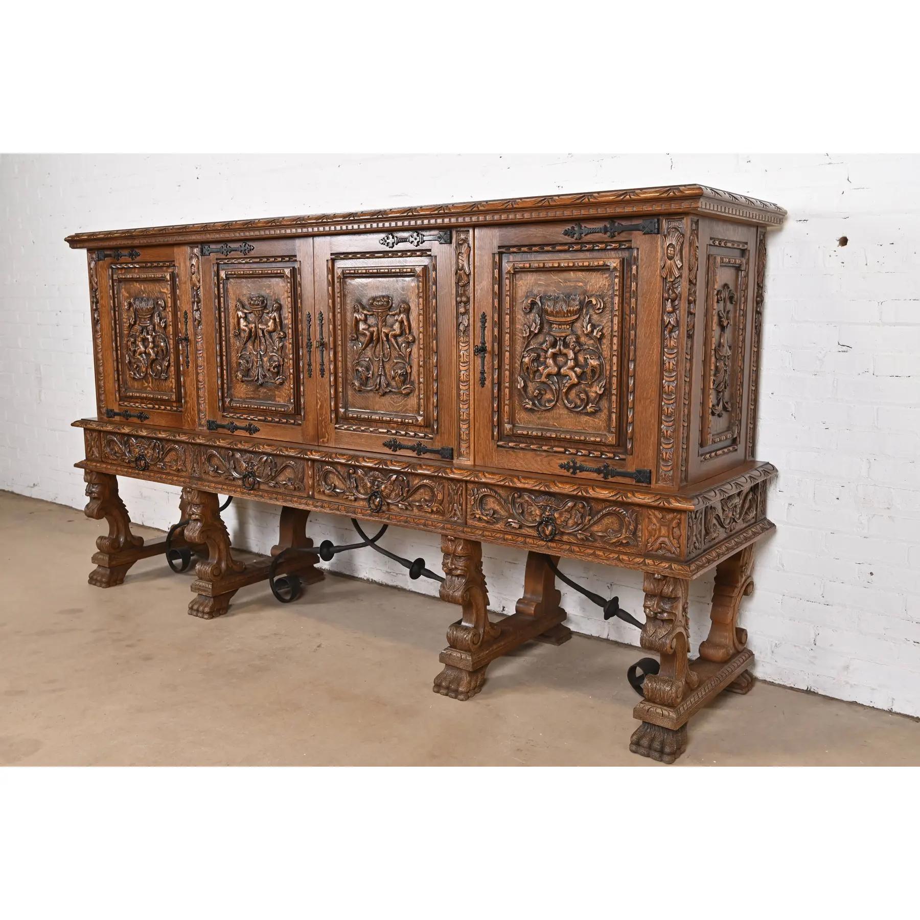 French R. J. Horner Style Renaissance Revival Monumental Ornate Carved Oak Sideboard For Sale