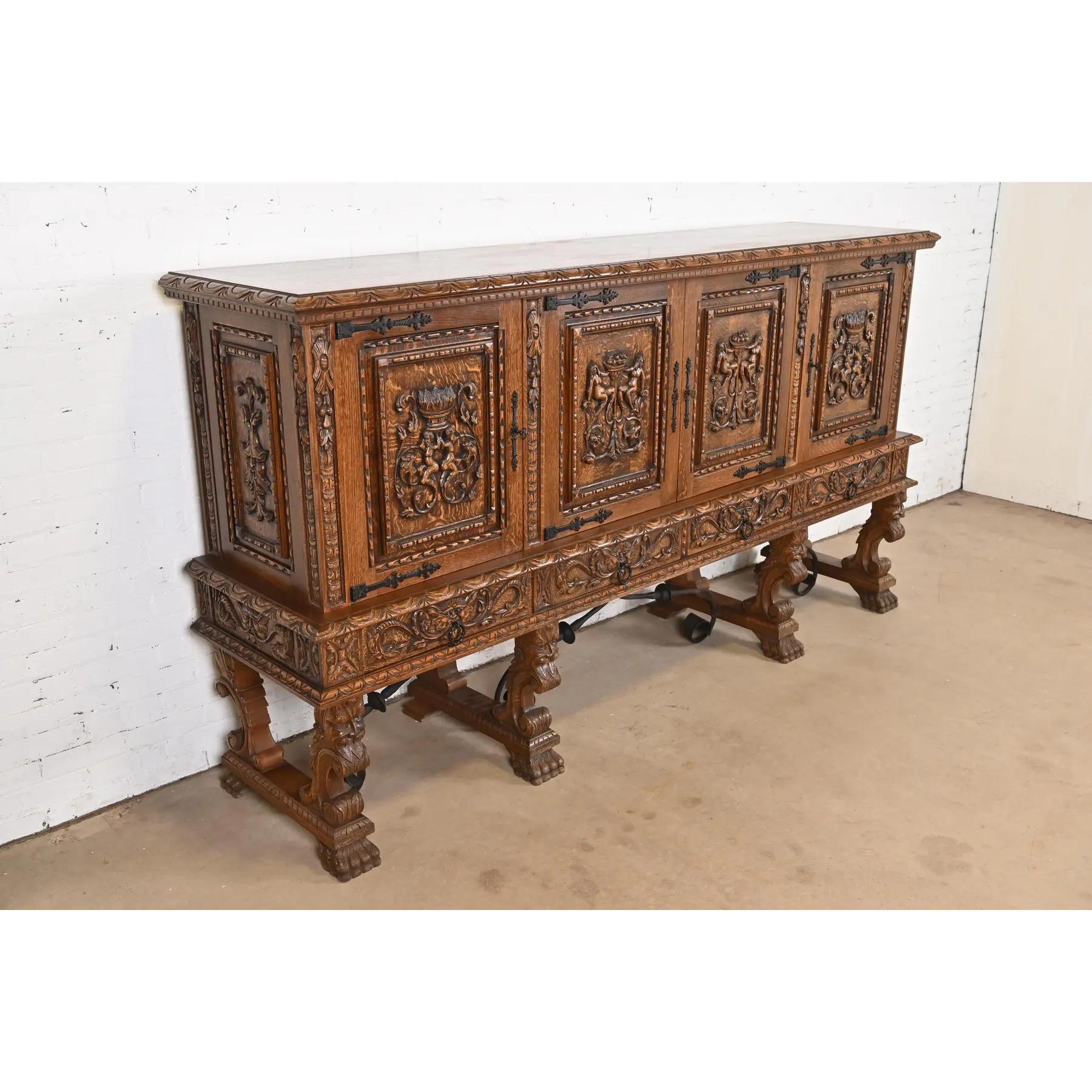 R. J. Horner Style Renaissance Revival Monumental Ornate Carved Oak Sideboard In Good Condition For Sale In South Bend, IN