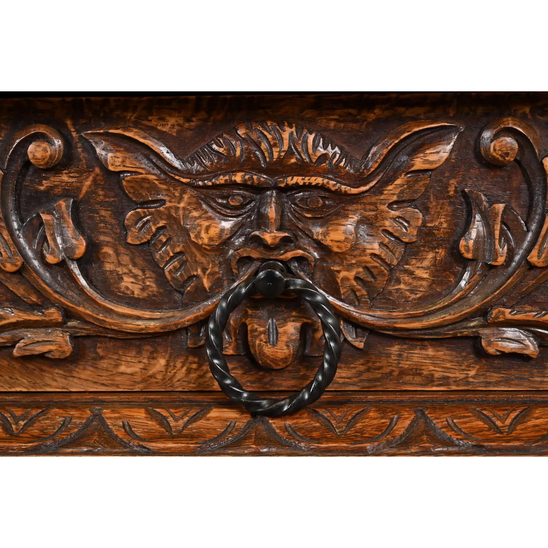 Iron R. J. Horner Style Renaissance Revival Monumental Ornate Carved Oak Sideboard For Sale