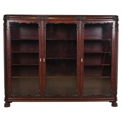 Used R. J. Horner Style Victorian Carved Mahogany Glass Front Triple Bookcase, 1890s