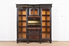 R. J. Horner Style Victorian Mahogany Glass Front Triple Bookcase with Secretary