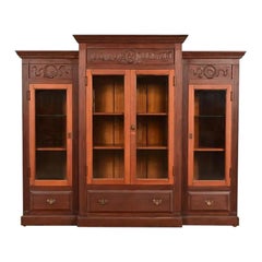 R. J. Horner Style Victorian Walnut Triple Bookcase Cabinet, Circa 1880s